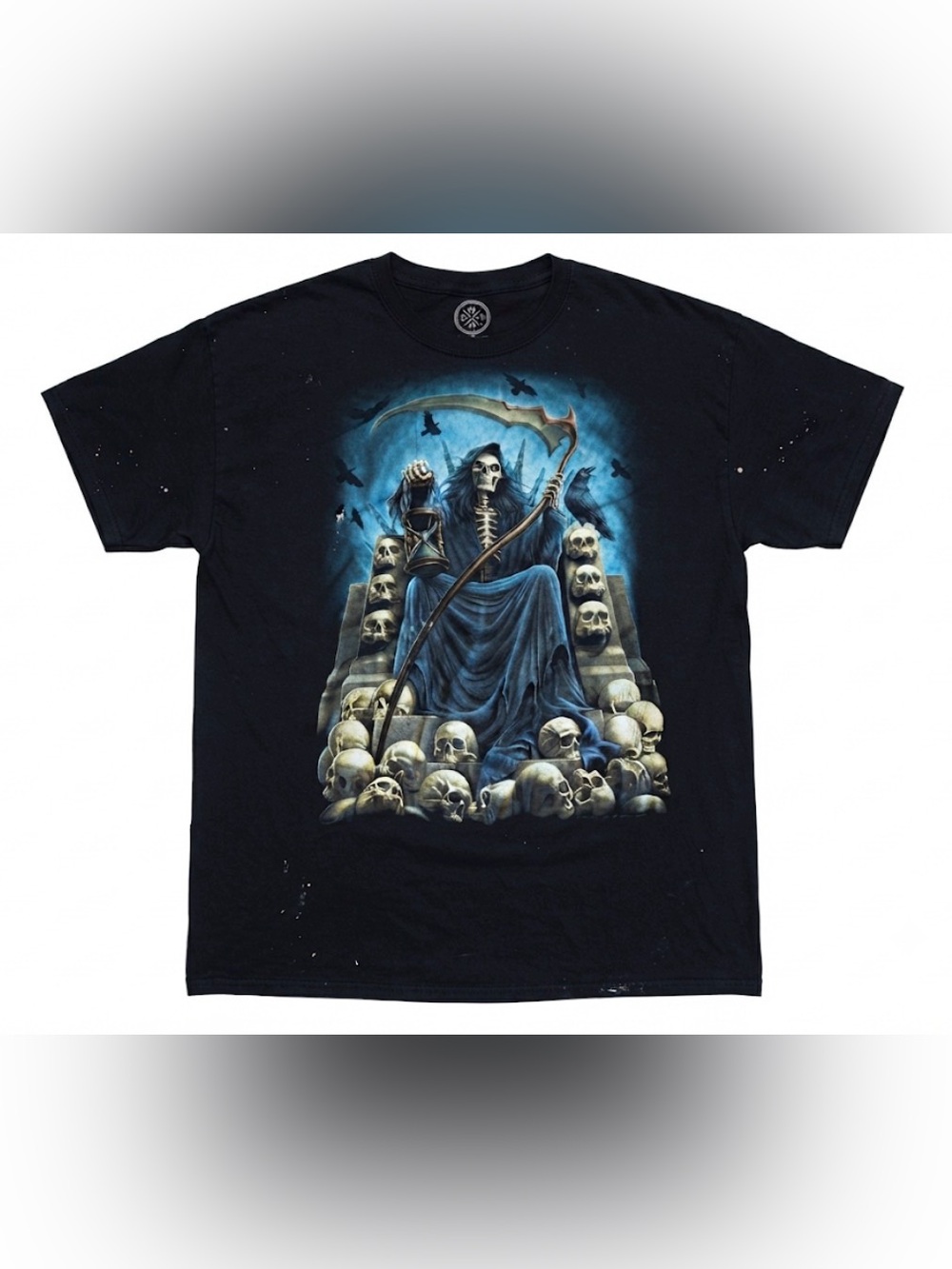 ODM Men's XL Black T-Shirt Grim Reaper on Throne of Skulls Goth Metal Grunge Tee